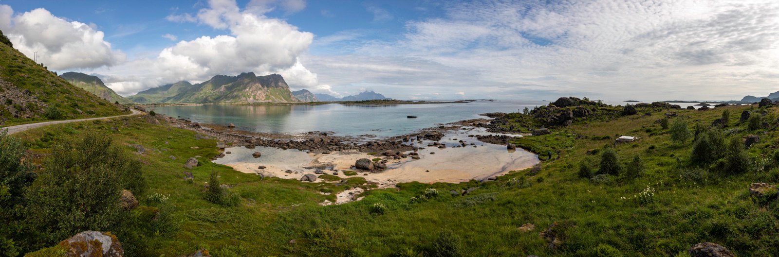 Panoramic view of a bay and beach in the Lofoten Islands, Norway