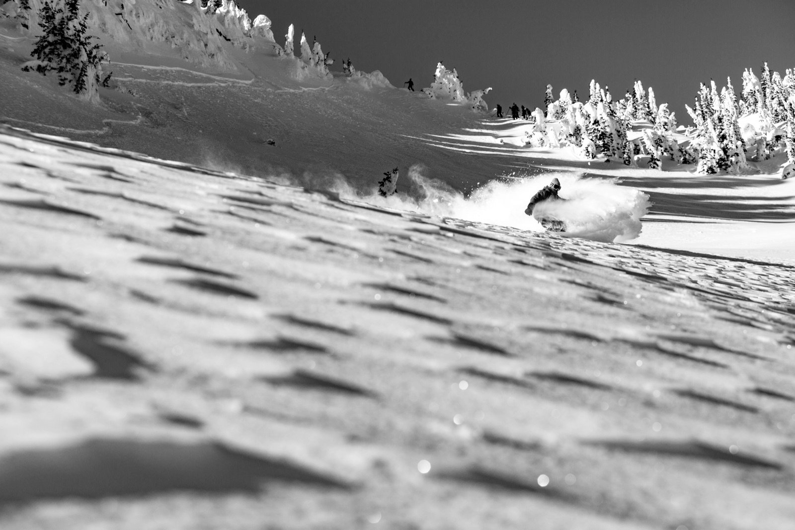 Black and white photo of a skier carving a turn through fresh snow, Keefer Lake Lodge